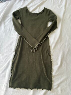 Indah Olive Green Ribbed Long Sleeve Dress with hole in back